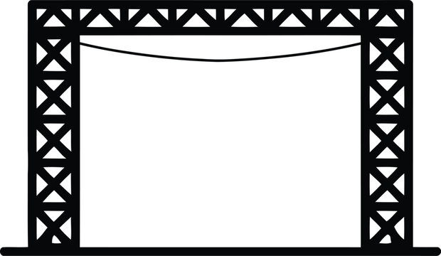 Black and white of a stage truss structure with a horizontal crossbar and a hanging cable, isolated on a white background, concert, event, or construction industry