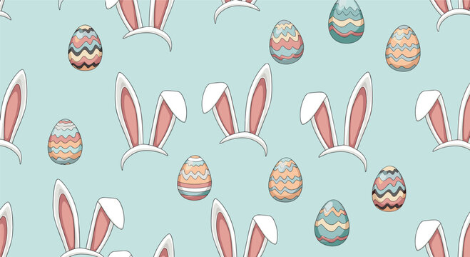 Seamless pattern showcasing cute bunny ears headbands and decorated Easter eggs on a soft light blue background for holiday themes.