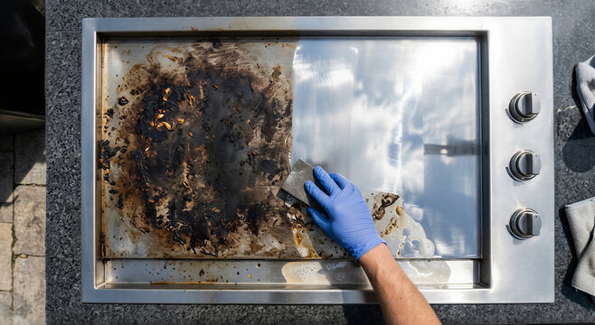 Top view of cleaning a stainless steel commercial griddle with a scouring pad showing dramatic clean versus dirty surface contrast.