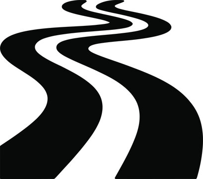 Black silhouette of a winding road or path with two parallel lines, depicted in a flat style on a white background, representing travel, direction, journey, and transportation