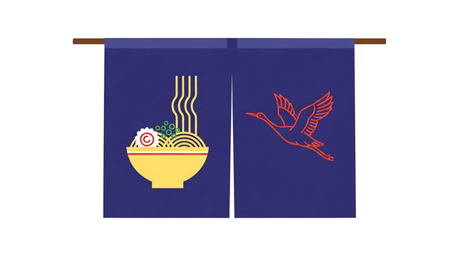Japanese noren curtain with ramen bowl and crane illustration