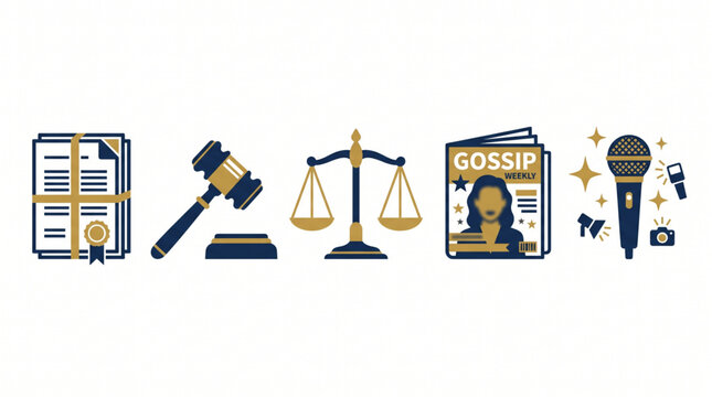 Conceptual vector icons illustrating legal justice, official documentation, media communication, and public information themes