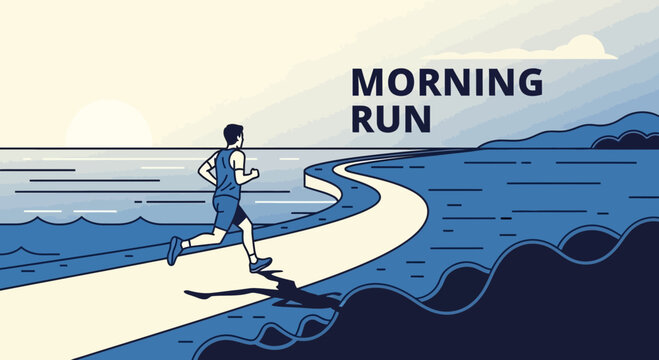 Runner Enjoying the Sunrise Seaside Run Along a Winding Pathway in the Morning