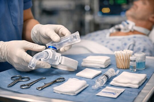 Nurse Preparing Tracheostomy Tube for Patient in Intensive Care Unit