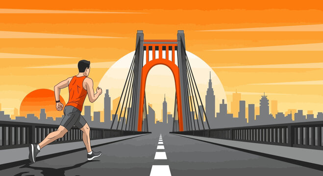 Runner Crossing Bridge At Sunrise With City Skyline in Silhouette During Sunset
