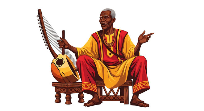 Elderly west african griot playing a kora, a traditional stringed musical instrument, wearing vibrant yellow and red traditional clothing