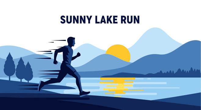 Runner Sprinting Near Lake At Sunset Reflecting In The Water In Striking Silhouette