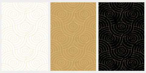 Set of seamless abstract vector patterns featuring vintage floral swirls and wavy line textures for wallpaper and textile design backgroundsbW © Kazim