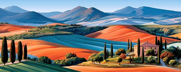 Obraz premium Sunlit rolling hills of Tuscany with cypress trees and a rustic villa in colorful fields