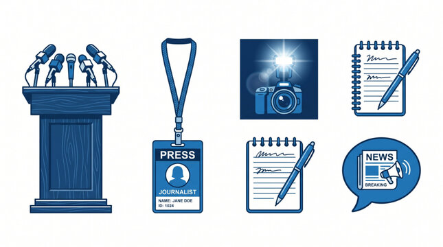 Collection of journalistic and media-related icons, including a podium, press pass, camera, notepad, and megaphone