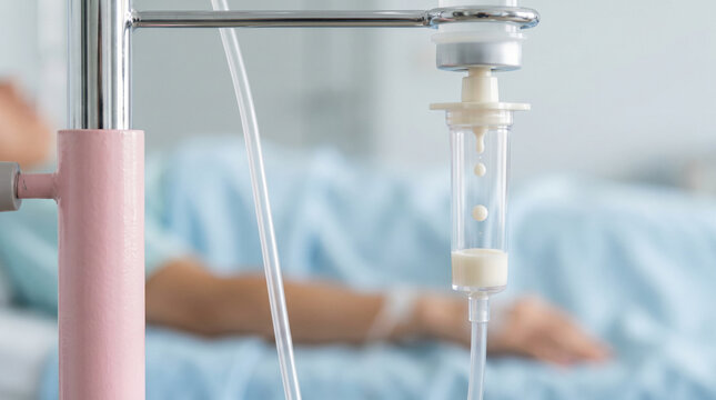 Close-up of an IV drip infusing medication* or nutrition to a patient in a hospital bed. Focus on healthcare and treatment