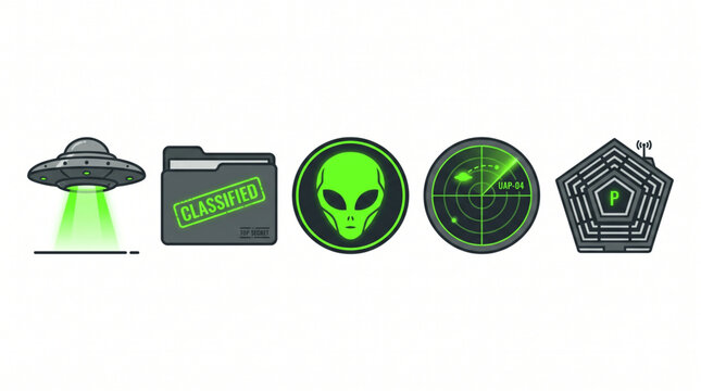 Collection of vector icons representing extraterrestrial mystery, unexplained phenomena, and government secrecy