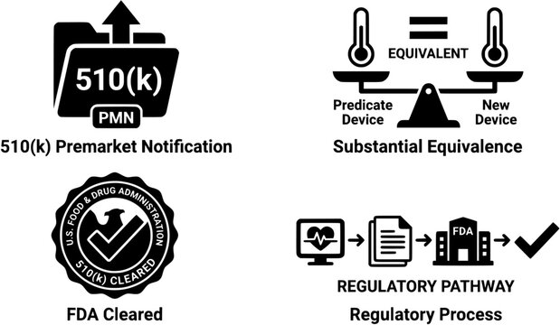 FDA 510(k) Clearance Icon Substantial Equivalence Premarket Notification Vector black icons