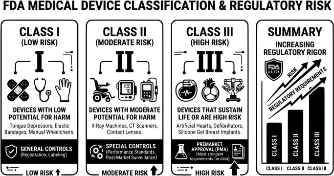 FDA Medical Device Classification Icon I II III Regulatory Risk Black Vector black icons