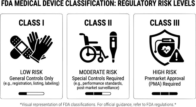 FDA Medical Device Classification Icon I II III Regulatory Risk Black Vector black icons