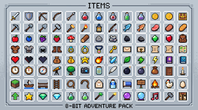 A collection of 8-bit pixel art icons for adventure and RPG games, featuring tools, weapons, potions, and natural elements