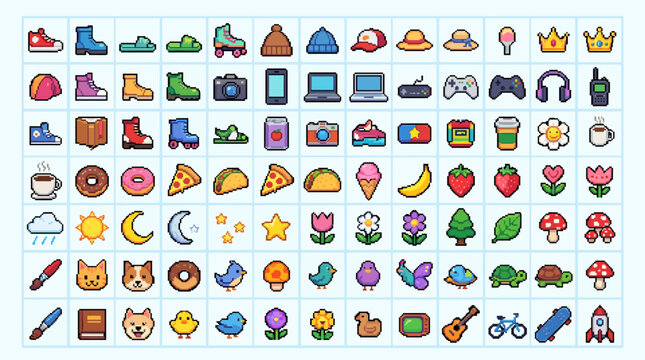Vibrant and organized collection of casual pixel art icons in an charming 8-bit inspired style, perfect for game development and creative digital projects