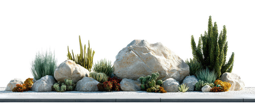 Desert xeriscape garden bed with rocks and cacti