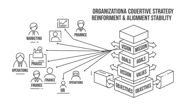 Organizational structure chart displays how various departments like marketing and finance contribute to a core business strategy model to ensure long term corporate stability and team alignment.