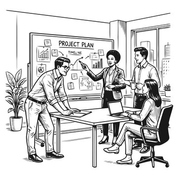 Business team discussing project plan in office with presentation board