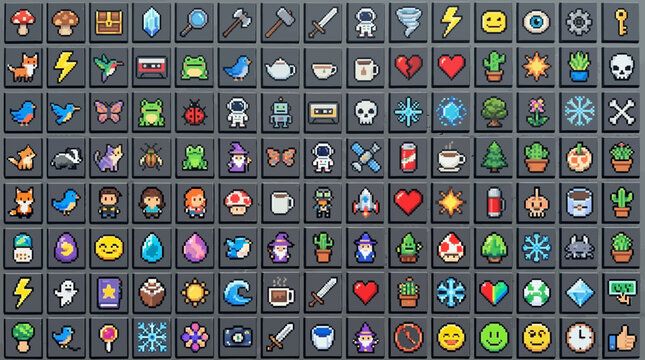 Diverse Pixel Art Icons Collection Featuring Animals, Objects, and Symbols for Digital Projects