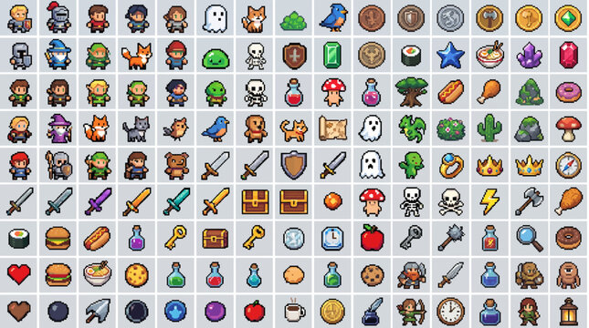 A vast collection of pixel art game assets featuring diverse characters, weapons, items, and fantasy elements, ideal for creative video game development projects