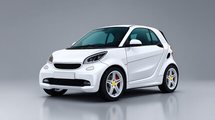 Obraz premium An isolated white compact car showcases its modern design and small size against a neutral grey backdrop, emphasizing its fuel efficiency and urban mobility style.