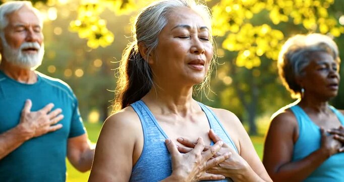 Senior adults practicing tai chi outdoors in nature with peaceful breathing exercise and calm body movements