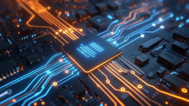 A close-up digital rendering of a circuit board with glowing blue and orange pathways, symbolizing technology, data flow, and innovation.