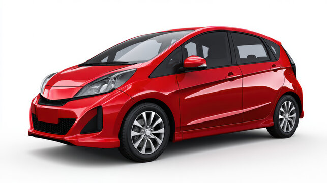 A vibrant red hatchback car is displayed against a clean white background, showcasing its sleek design and modern features for urban transportation solutions.