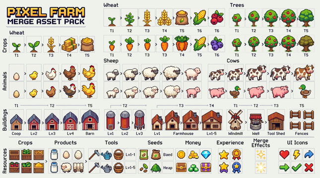 Pixel Art Hypercasual Farm Merge Asset Pack with Crops, Animals, Buildings, and Resources