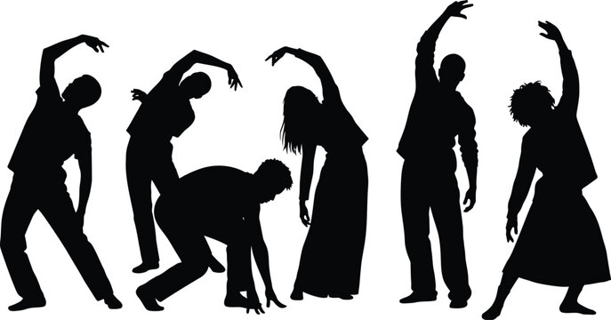 Silhouette of seven people dancing in various poses