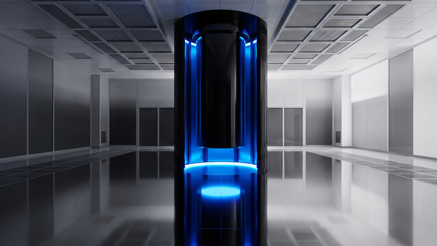 Sterile futuristic clean room housing an advanced quantum computer cylinder with blue illumination