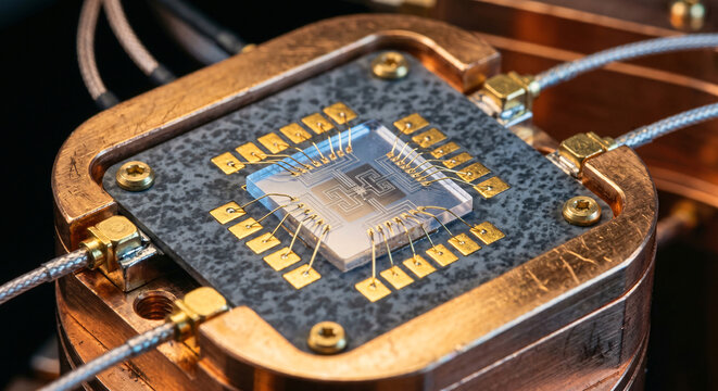 Extreme macro close-up of a quantum processor qubit chip with gold wire bonding