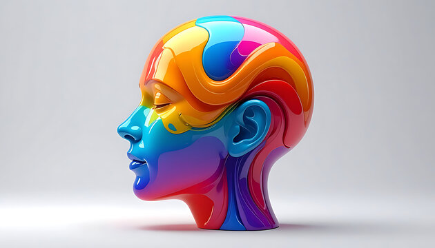 Colorful abstract human head profile made of swirling liquid shapes, representing ideas and creativity, digital art