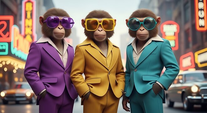Three cool chimpanzee monkeys wearing colorful suits and sunglasses standing on a busy city street at night