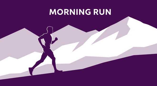 Silhouette Of A Runner Ascending A Mountain, Illustration With Purple Background