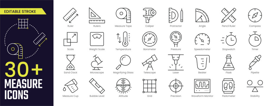 Measure Stroke icon collections. Containing measure, measurement, caliper, thermometer, compass, measuring cup, stopwatch, magnifying glass, and microscope icons. Editable Stroke icon collection Outli