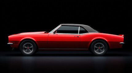 Obraz premium A vibrant red classic convertible car is displayed in a studio with a glossy finish and black top showcasing its iconic design and powerful presence with dark background.