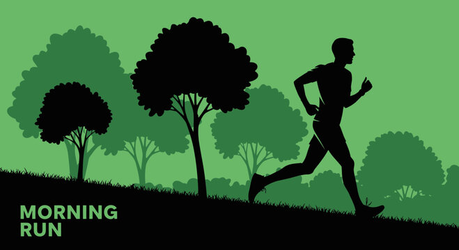 Silhouette Of Runner Person Jogging In Park With Green Trees And Morning Sun in Background