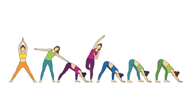 Set of women practicing yoga poses and stretching exercises vector illustration of female characters in different yoga asanas for fitness and wellness