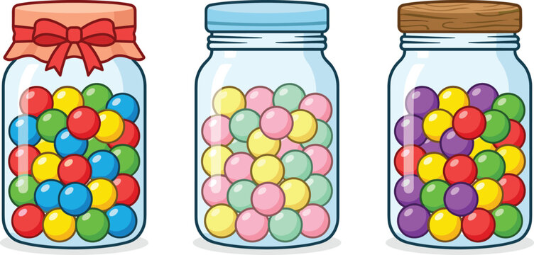 Cute Colorful Candy Gumball Filled Glass Jars Set with Ribbon and Cork Lid in Sweet Cartoon Vector Style