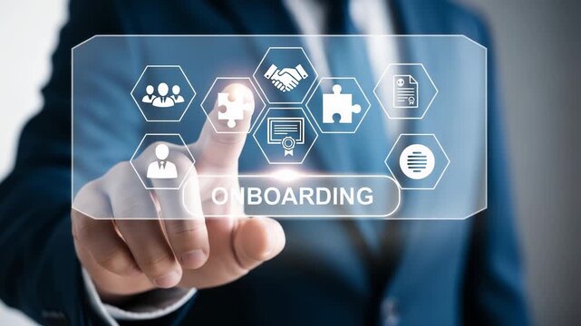 Businessman touching virtual screen with onboarding process icons