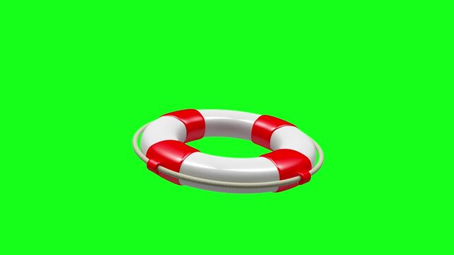 The blue life preserver changes to red and spins against a bright green chroma key background in 3D animation.