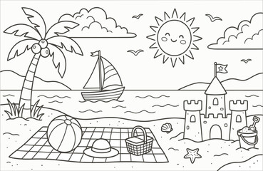 Beach scene with sailboat and sandcastle line art
