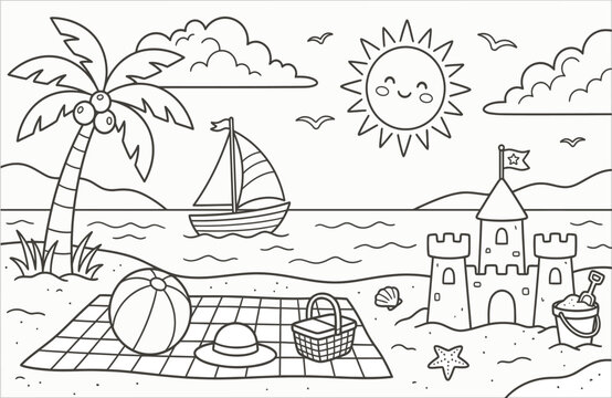 Beach scene with sailboat and sandcastle line art