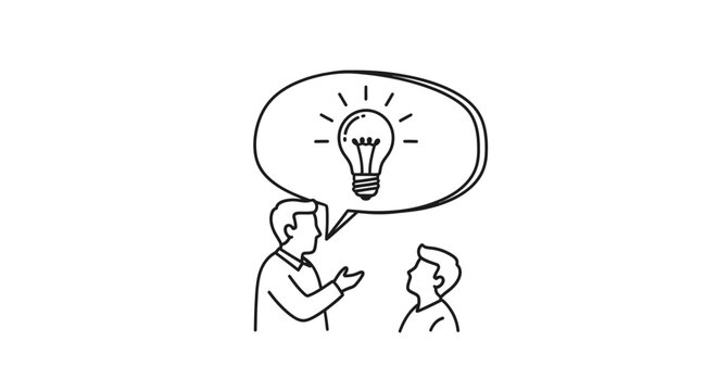 Mentor explaining a creative idea to a student with a glowing lightbulb icon inside a thought bubble to demonstrate the transfer of knowledge and inspiration in a simple black and white line drawing.