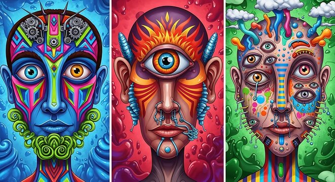 Set of three colorful surreal portrait illustrations featuring alien faces with multiple eyes and abstract geometric patterns in vibrant psychedelic art style