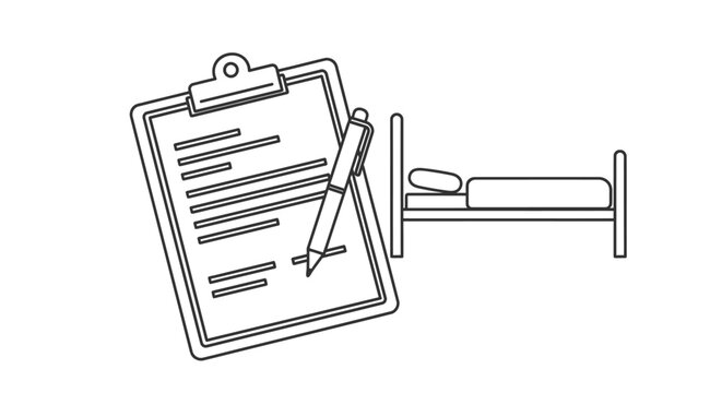 Clipboard with attached pen and hospital bed icon represent medical intake procedures and patient admission protocols for healthcare administration systems in a clean, minimalist line art graphic.