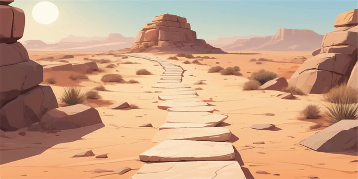 Desert landscape illustration with a winding stone path leading to large rock formations under a bright sun.